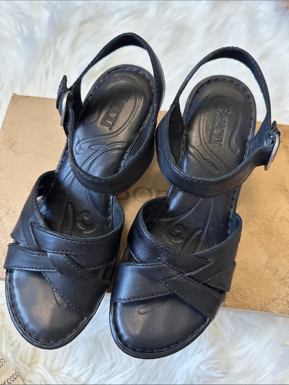 Born Black Leather Crisscross Slingback Wedge Sandals Size 8